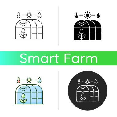 Akıllı sera ikonu. Tarım yönetimi. Tarım ortamı. Kapalı alanda çiftçilik. Lineer siyah ve RGB renk stilleri. İzole vektör çizimleri