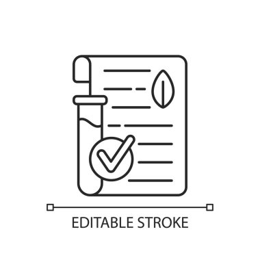 Laboratuvar doğrusal simgeyi test etti. Zararlı kimyasal katkı maddeleri olmadan kozmetik ürünleri yaratmak. Cilt bakımı. İnce çizgi özelleştirilebilir illüstrasyon. Contour sembolü. Vektör izole çizim. Düzenlenebilir vuruş