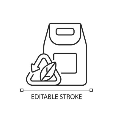 Biyolojik ayrıştırılabilir ambalaj doğrusal simgesi. Geri dönüşümlü materyaller kullanılıyor. Ekoloji hareketi. İnce çizgi özelleştirilebilir illüstrasyon. Contour sembolü. Vektör izole çizim. Düzenlenebilir vuruş