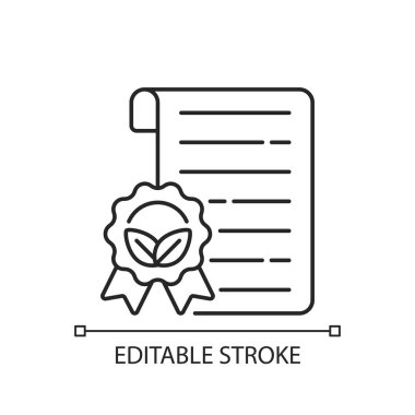 Onaylanmış materyal doğrusal simgesi. Geri dönüşümlü materyaller kullanarak. Kurumsal sosyal sorumluluk. İnce çizgi özelleştirilebilir illüstrasyon. Contour sembolü. Vektör izole çizim. Düzenlenebilir vuruş