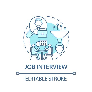 Potansiyel işveren konsept ikonu ile toplantı. Çalışanları işe almak ince çizgiler çiziyor. İş görüşmesi. İş görevleri. İşçi alımı. Vektör izole edilmiş RGB renk çizimi. Düzenlenebilir vuruş