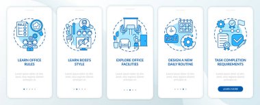 Mobil uygulama sayfası ekranında konseptlerle işyerine giriliyor. 5 aşamalı grafiksel talimatların ofisin yürüme kolaylıkları öğreniliyor. RGB renk resimleriyle UI vektör şablonu