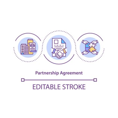 Ortaklık anlaşması konsepti ikonu. Ortaklar arasındaki sözleşme ince çizgi çizimi. İş amaçları. Yükümlülükler belirleniyor. Vektör izole edilmiş RGB renk çizimi. Düzenlenebilir vuruş
