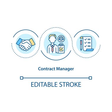 Kontrat yöneticisi konsepti simgesi. Kasılma süreci fikrine odaklanıyorum ince çizgi çizimi. İş kariyeri. Kontrat yönetimi. Vektör izole edilmiş RGB renk çizimi. Düzenlenebilir vuruş