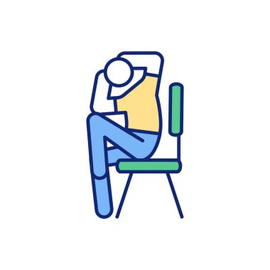 Sandalye RGB renk simgesi çalıştırır. Yanan göbek yağı. Otururken çekirdeği güçlendiriyorum. Eklem sertliği ve ağrı azalması. Kas gücünü arttırıyorum. Ofiste egzersiz yapıyorum. İzole vektör illüstrasyonu