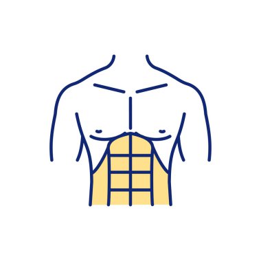 Karın kasları RGB renk simgesi. Altılı karın kaslarına ulaşıyorum. Sırt ağrısına iyi gelir. Güçlü çekirdek kasları geliştirmek. Duruş ve denge gelişimi. Esneklik artıyor. İzole vektör illüstrasyonu