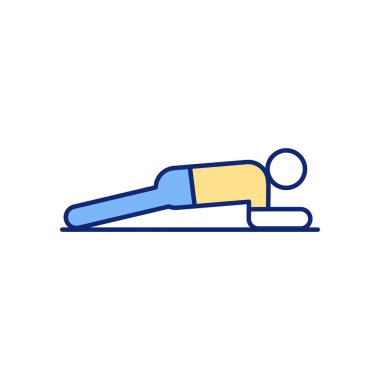 Şınav çeken RGB renk simgesi. Vücudun üst kısmını güçlendiriyor. Karın kasları çekiliyor. Kol kasları, göğüs kasları ve omuzları sağlam. Güçlendirici egzersiz. İzole vektör illüstrasyonu