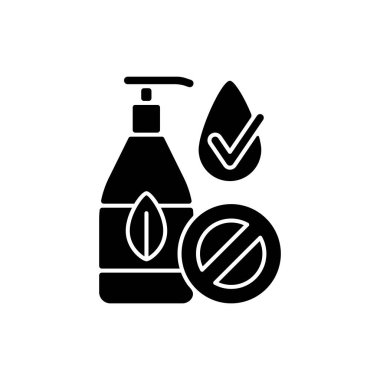 Silikon içermeyen siyah kabartma simgesi. Doğal kozmetikler. Zararlı kimyasal katkı maddeleri olmadan kozmetik ürünleri yaratmak. Profesyonel bakım. Beyaz uzayda siluet sembolü. Vektör izole illüstrasyonu