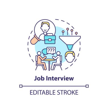 İş görüşmesi konsepti ikonu. İşçi adaptasyon aşamaları. Çalışanları işe almak ince çizgiler çiziyor. İş görevleri. İşçi alımı. Vektör izole edilmiş RGB renk çizimi. Düzenlenebilir vuruş