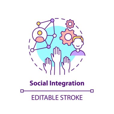 Sosyal bütünleşme konsepti ikonu. İşçi adaptasyon elementleri. Toplumsal ilişkiler fikri ince çizgi çizimi. Yeni gelenlerin süreci de dahil. Vektör izole edilmiş RGB renk çizimi. Düzenlenebilir vuruş