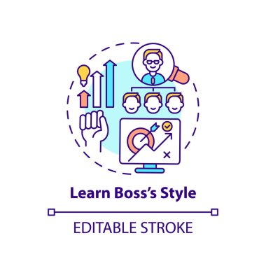 Patron konsept ikonunun stilini öğren. Yeni adaptasyon ipuçları. Şirket fikrinin ince çizgi çizimlerini geliştir. Liderlik ve yönetim. Vektör izole edilmiş RGB renk çizimi. Düzenlenebilir vuruş