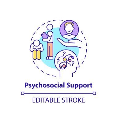 Psikososyal destek konsepti ikonu. Akıl hocasının işçi adaptasyon fonksiyonları. Dostça yaklaşım ince çizgi çizimi. Sorunlarda yardım. Vektör izole edilmiş RGB renk çizimi. Düzenlenebilir vuruş