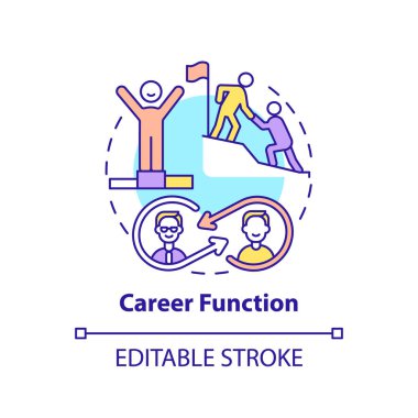 Kariyer fonksiyonu konsepti ikonu. Akıl hocasının işçi adaptasyon fonksiyonları. Zorlu görevler ince çizgi çizimi. Kariyer yeterliliği. Vektör izole edilmiş RGB renk çizimi. Düzenlenebilir vuruş