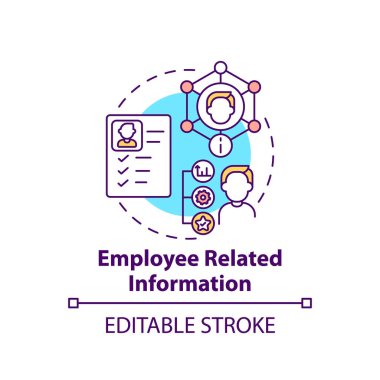 Çalışanlarla ilgili bilgi konsepti simgesi. Çalışan adaptasyon programı elementleri. Malzeme ve çalışma koşulları ince çizgi çizimi. Vektör izole edilmiş RGB renk çizimi. Düzenlenebilir vuruş