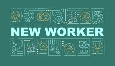 Yeni işçi Yeşil Kelime afişi kavramları. İK yönetimi. Çalışan adaptasyonu. Turkuaz arka planda doğrusal simgeleri olan bilgi grafikleri. İzole tipografi. Vektör çizgisi RGB renk çizimi