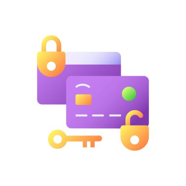 Kart vektör düz renk simgesini kilitle ve aç. Güvenli para transferi. Kredi kartı güvenlik sistemi. Banka kişisel hesap koruması. Mobil uygulama için çizgi film klip sanatı. İzole edilmiş RGB illüstrasyonu