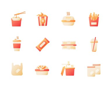 Take out fast food vector flat color icon set. Noodles take away. Plastic package. Ready meal delivery. Cartoon style clip art for mobile app pack. Isolated RGB illustration bundle vector