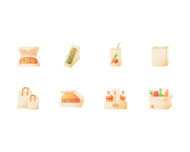 Take away fast food vector flat color icon set. Pizza in box. Sandwich in wrapping. Coffee and burger. Take out delivery. Cartoon style clip art for mobile app pack. Isolated RGB illustration bundle vector