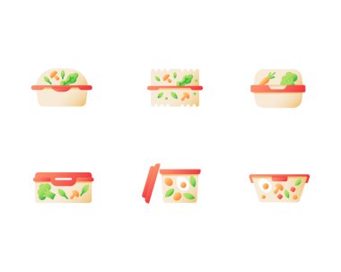 Healthy ready meal for take out vector flat color icon set. Cafe dinner for take away. Vegetarian food delivery. Cartoon style clip art for mobile app pack. Isolated RGB illustration bundle vector