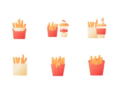 French fries and coffee takeout vector flat color icon set. Tea and fried potato offer. Fast food delivery. Cartoon style clip art for mobile app pack. Isolated RGB illustration bundle vector