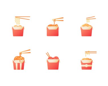 Noodles for takeout vector flat color icon set. Chinese cafe take away. Oriental meal. Fast food delivery. Cartoon style clip art for mobile app pack. Isolated RGB illustration bundle vector