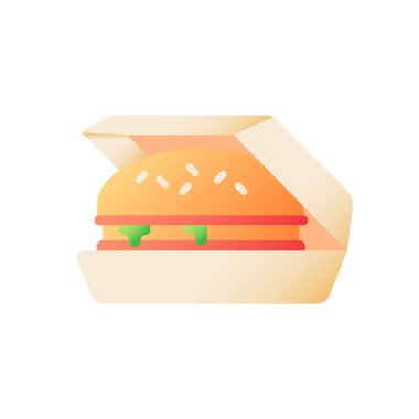 Burger take out vector flat color icon. Cheeseburger on carton box for take away. Unhealthy snack. Fast food delivery. Cartoon style clip art for mobile app. Isolated RGB illustration vector