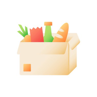 Bakkaliye teslimat vektörü düz renk simgesi. Süpermarket yemekleri paketlendi. Taze ürünler. Perakende servisi. İnsani yardım. Mobil uygulama için çizgi film klip sanatı. İzole edilmiş RGB illüstrasyonu