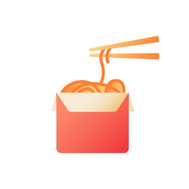 Asian food takeout vector flat color icon. Box with noodles. Chinese cuisine. Japanese cafe. Korean menu. Fast food delivery. Cartoon style clip art for mobile app. Isolated RGB illustration vector