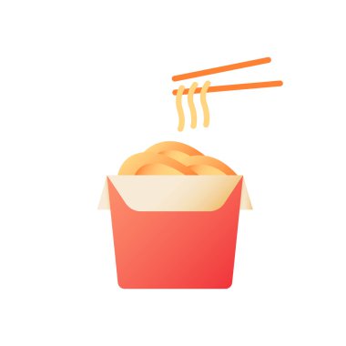 Erişte kutusu vektör düz renk simgesi. Paket servis için wok. Fast food teslimatı. Çin mutfağı kafesi. Doğu mutfağı. Sipariş verin. Mobil uygulama için çizgi film klip sanatı. İzole edilmiş RGB illüstrasyonu