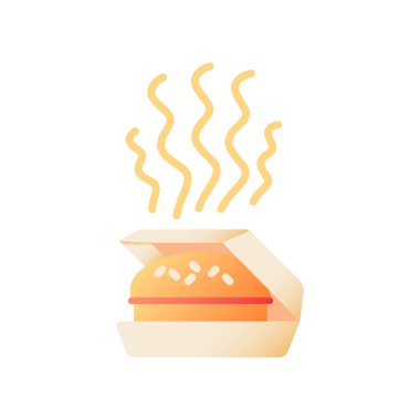 Takeout burger vector flat color icon. Hot cheeseburger in package. Steaming hamburger in carton box. Fast food delivery. Take away. Cartoon style clip art for mobile app. Isolated RGB illustration vector