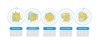 İdman alternatifleri vektör bilgi şablonu. Göğüs olarak kanepe, kardiyo tasarım elementleri için merdiven. Veri görselleştirme 5 adım. Zaman çizelgesi. Doğrusal simgelerle çalışma akışı düzeni