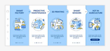 Sanayi 4.0 eğilimleri vektör şablonunda. Akıllı fabrika. 3D baskı. Tarım sektöründe. Simgeli ilgili mobil web sitesi. Web sayfası basamak ekranları. RGB renk kavramı