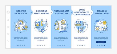 Endüstri 4.0 vektör şablonu. Üretimi arttırıyorum. Tam bir iş otomasyonu. Simgeli ilgili mobil web sitesi. Web sayfası basamak ekranları. RGB renk kavramı