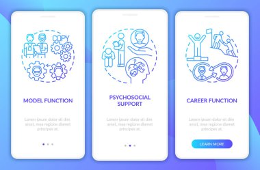 Mobil uygulama sayfası ekranında yeni işçilere akıl hocalığı. Psikosososyal destek 3 aşamalı grafik talimatlar. RGB renk resimleriyle UI vektör şablonu