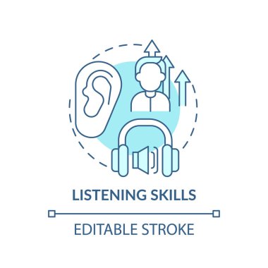 Dinleme becerileri konsepti ikonu. Dil öğrenme becerisi fikri ince çizgi çizimi. Aktif dinleme alıştırması yapıyorum. İletişim süreci. Vektör izole edilmiş RGB renk çizimi. Düzenlenebilir vuruş