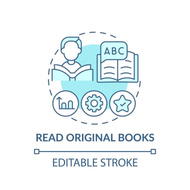 Orijinal kitap konsepti simgesi okunuyor. Dil tüyo fikrini ince çizgi illüstrasyonunda öğreniyorum. Kelime dağarcığını bağlam içine alıyorum. Hafıza gelişimi. Vektör izole edilmiş RGB renk çizimi. Düzenlenebilir vuruş