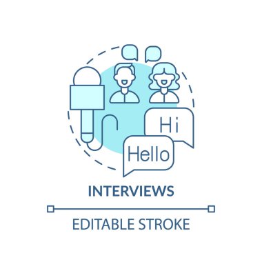 Röportaj konsepti ikonu. Dil öğrenme fikri ince çizgi çizimi videosu. Yeni kelimeler, cümleler öğreniyorum. Dilbilgisi becerilerini geliştiriyor. Vektör izole edilmiş RGB renk çizimi. Düzenlenebilir vuruş