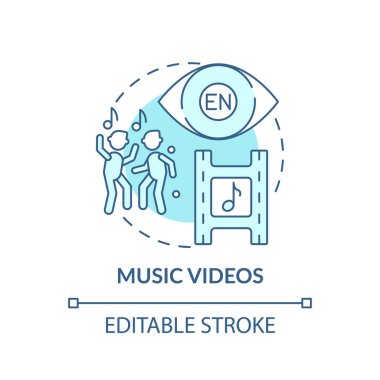 Müzik videoları konsepti ikonu. Dil öğrenme fikri ince çizgi çizimi videosu. Kelime dağarcığı zenginleştiriliyor. Dinleme becerileri gelişiyor. Vektör izole edilmiş RGB renk çizimi. Düzenlenebilir vuruş