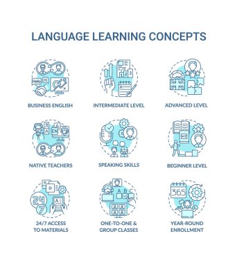 Dil öğrenme konsepti simgeleri ayarlandı. Dil edinme fikri ince çizgi RGB renk çizimleri. - Orta seviye. 7 'ye 24 malzeme girişi. Vektör izole çizimler. Düzenlenebilir vuruş