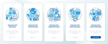 İş İngilizcesi, mobil uygulama sayfası ekranında kavramlarla birlikte olmayı hedefliyor. Konferanslar, sunumlar, röportajlar 5 aşamalı grafik talimatlar. RGB renk resimleriyle UI vektör şablonu