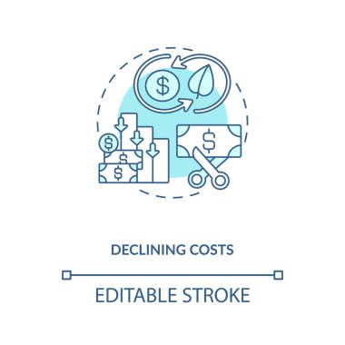Yenilenebilir enerji üretim maliyeti konsept ikonu. Maliyet azaltma fikri ince çizgi çizimi. Güneş santrali elektrik fiyatı. Vektör izole edilmiş RGB renk çizimi. Düzenlenebilir vuruş