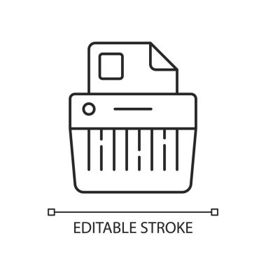 Kağıt öğütme doğrusal simgesi. Kağıdı iki şeride ayırmak, ince parçacıklar. Mekanik cihaz. İnce çizgi özelleştirilebilir illüstrasyon. Contour sembolü. Vektör izole çizim. Düzenlenebilir vuruş