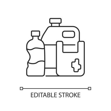 Plastik atık doğrusal simgesi. Plastik kirliliği. Sentetik ve yarı sentetik malzemeler. İnce çizgi özelleştirilebilir illüstrasyon. Contour sembolü. Vektör izole çizim. Düzenlenebilir vuruş