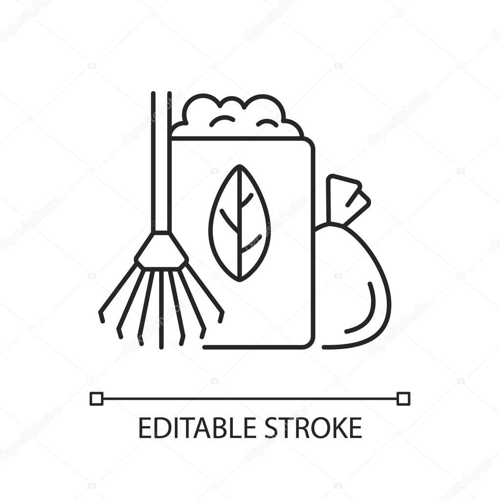 Yard waste collection linear icon. Organic waste from residential lawns, gardens. Grass clippings. Thin line customizable illustration. Contour symbol. Vector isolated outline drawing. Editable stroke