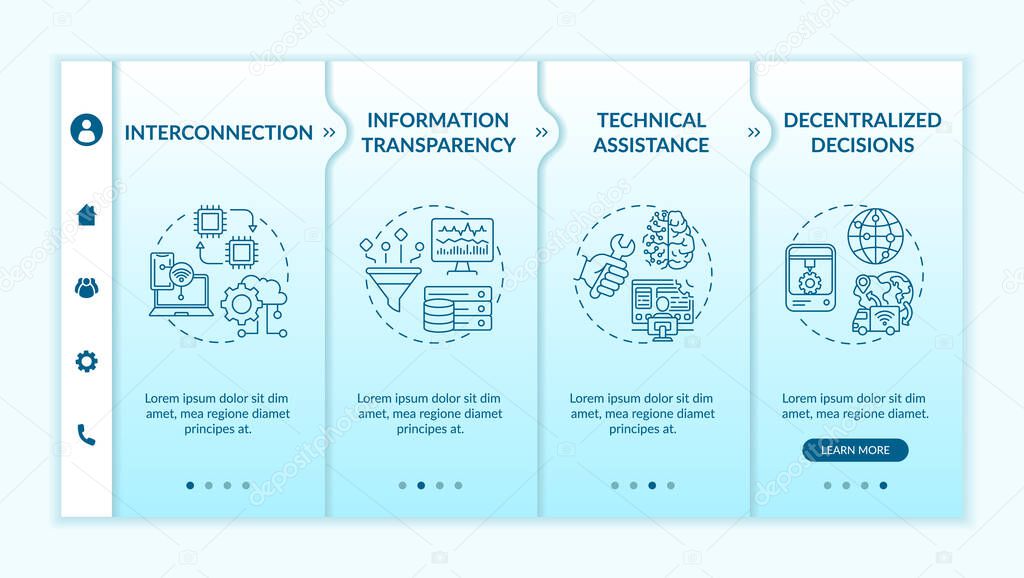 Industry 4.0 design principles onboarding vector template. Info transparency. Decentralized decisions. Responsive mobile website with icons. Webpage walkthrough step screens. RGB color concept