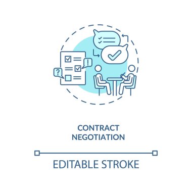 Anlaşma müzakere konsepti ikonu. Sözleşmeli yaşam döngüsü basamakları. Özel kurallar üzerinde anlaşmaya varma süreci ince çizgi çizimi. Vektör izole edilmiş RGB renk çizimi. Düzenlenebilir vuruş