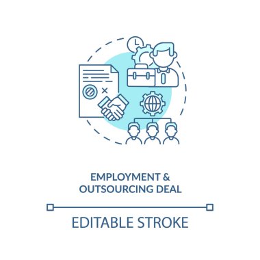 İş ve dış kaynak kullanımı konsept ikonu. Ticari kontrat türleri. Hizmet anlaşması fikri ince çizgi çizimi. Vektör izole edilmiş RGB renk çizimi. Düzenlenebilir vuruş