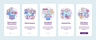 Çevrimiçi dil kursları, mobil uygulama sayfası ekranında kavramlarla birlikte faydalıdır. Yerli öğretmenler 5 aşamalı grafik talimatları gözden geçiriyorlar. RGB renk resimleriyle UI vektör şablonu