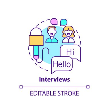 Röportaj konsepti ikonu. Dil öğrenme fikri ince çizgi çizimi videosu. Yeni kelimeler, cümleler öğreniyorum. Telaffuz düzeyi artıyor. Vektör izole edilmiş RGB renk çizimi. Düzenlenebilir vuruş