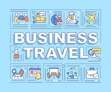 İş seyahati kelimesi afiş kavramını içerir. İş yapmak amacıyla seyahat et. Mavi arkaplanda doğrusal simgeleri olan bilgi grafikleri. İzole tipografi. Vektör çizgisi RGB renk çizimi